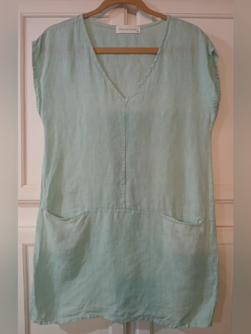 Mint green Forever Lovely short-sleeve V-neck, 100%  linen tunic dress, pockets